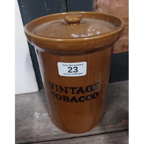 23 - Vintage lidded tobacco advertising jar. {20 cm H x 15 cm Dia}.