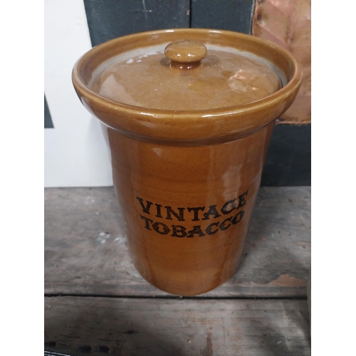 23 - Vintage lidded tobacco advertising jar. {20 cm H x 15 cm Dia}.