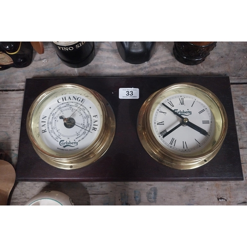 33 - Carlsberg brass clock and barometer mounted on mahogany plaque. {40 cm H x 19 cm W}.