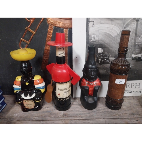 34 - Pisco Liquer ceramic bottle {27 cm H x 10 cm W x 9 cm D}, brown tooled leather advertising bottle {2... 