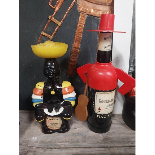 34 - Pisco Liquer ceramic bottle {27 cm H x 10 cm W x 9 cm D}, brown tooled leather advertising bottle {2... 