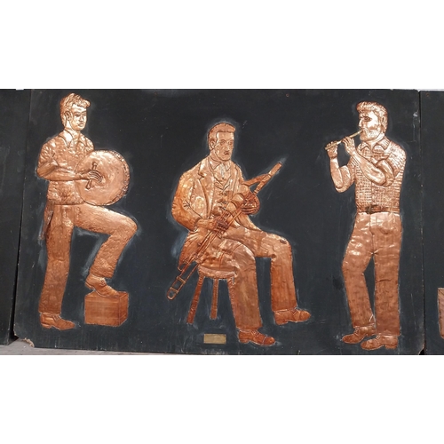 38 - Three embossed coppers figures of Bodhran Player, Pipe Player and Tin Whistle Player on painted boar... 