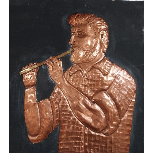 38 - Three embossed coppers figures of Bodhran Player, Pipe Player and Tin Whistle Player on painted boar... 