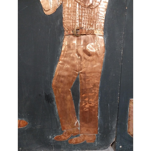 38 - Three embossed coppers figures of Bodhran Player, Pipe Player and Tin Whistle Player on painted boar... 