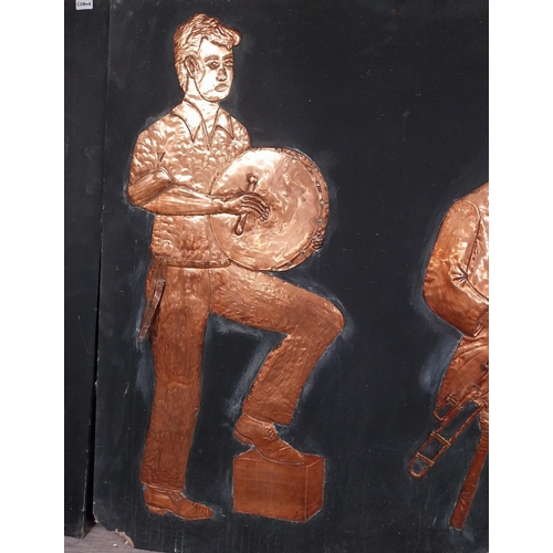 38 - Three embossed coppers figures of Bodhran Player, Pipe Player and Tin Whistle Player on painted boar... 