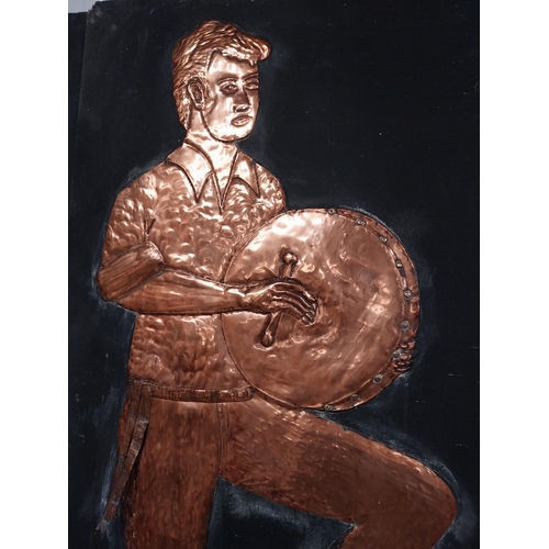 38 - Three embossed coppers figures of Bodhran Player, Pipe Player and Tin Whistle Player on painted boar... 