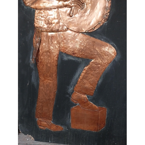 38 - Three embossed coppers figures of Bodhran Player, Pipe Player and Tin Whistle Player on painted boar... 