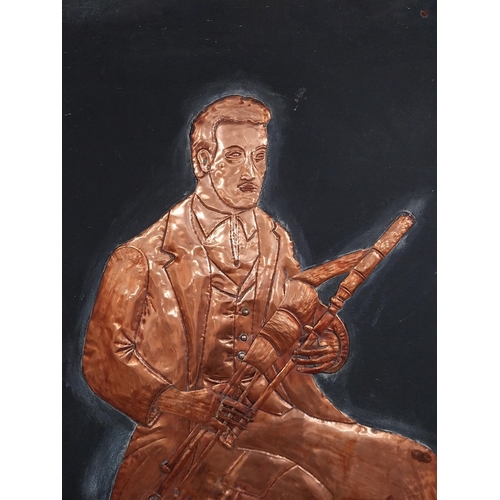 38 - Three embossed coppers figures of Bodhran Player, Pipe Player and Tin Whistle Player on painted boar... 