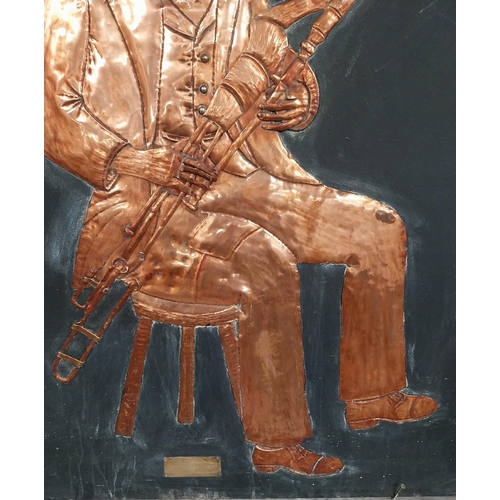 38 - Three embossed coppers figures of Bodhran Player, Pipe Player and Tin Whistle Player on painted boar... 