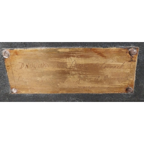 38 - Three embossed coppers figures of Bodhran Player, Pipe Player and Tin Whistle Player on painted boar... 