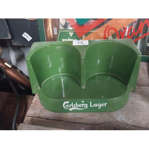 51 - Carslberg bottle holder. {12 cm H x 28 cm W x 18 cm D}.