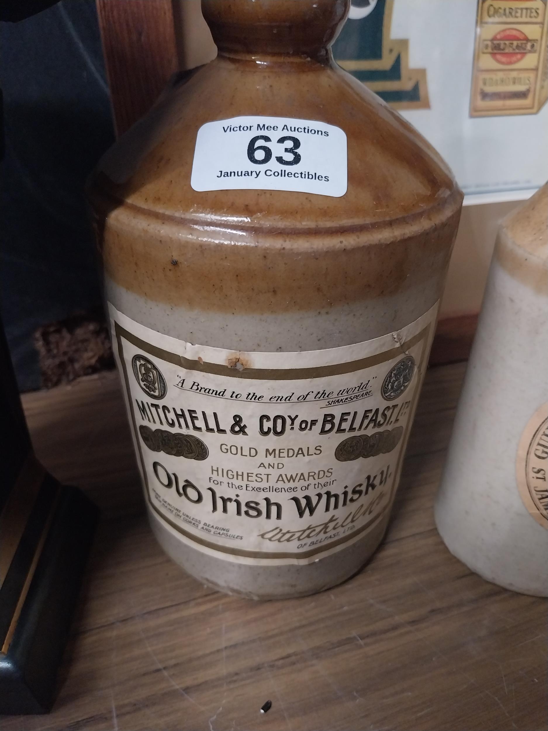 Three 19th C. stoneware flagons with Mitchell's Old Irish Whiskey ...
