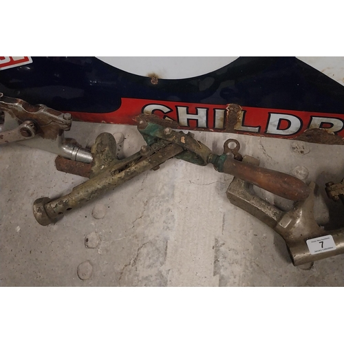 7 - Three early 19th C. brass and chrome cork pullers. {56 cm H x 7 cm W} approx.