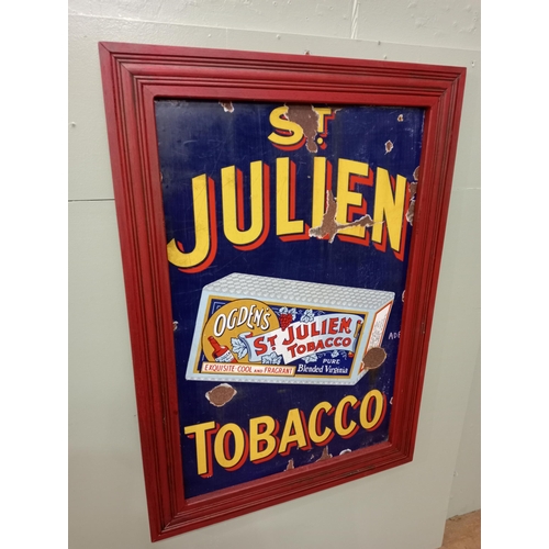 st julien tobacco sign St Julien Tobacco enamel advertising sign mounted in painted red wooden  frame. {H 104cm x W 74cm } N