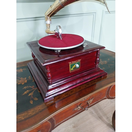 24 - Vintage His Masters Voice stained pine gramaphone with brass horn. {66 cm H x 60 cm W x 44 cm D}.