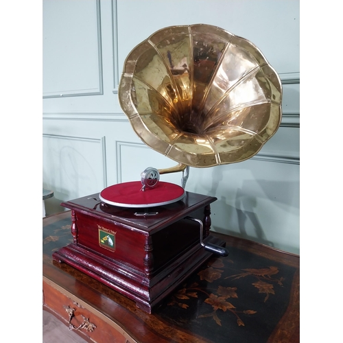 24 - Vintage His Masters Voice stained pine gramaphone with brass horn. {66 cm H x 60 cm W x 44 cm D}.