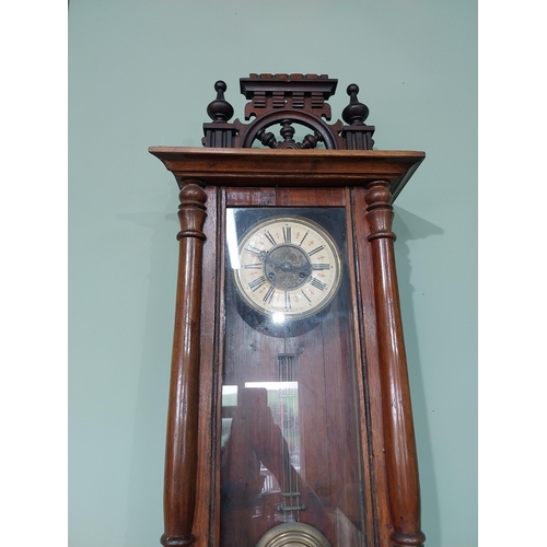 251 - Victorian mahogany Vienna wall clock with enamel dial. {120 cm H x 47 cm W x 20 cm D}.