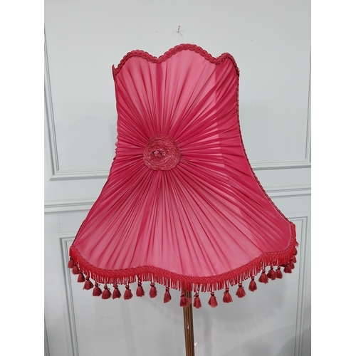 371 - 1950's brass standard lamp with cloth shade. {167 cm H x 60 cm W x 60 cm D}.