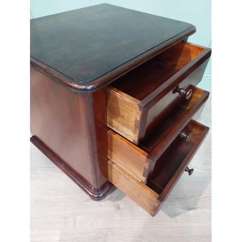 129 - Good quality mahogany bedside cabinet with three drawers on turned legs. [58 cm H x 55 cm W  x 45 cm... 