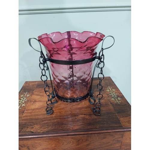 179 - Edwardian metal and ruby glass hanging shade. {55 cm H x 28 cm Dia.}.