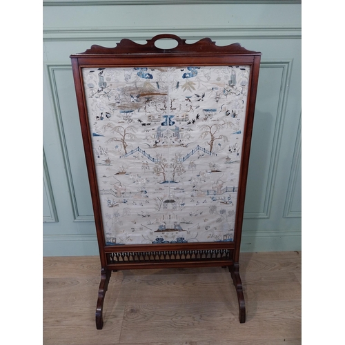 227 - Edwardian mahogany firescreen with inset 18th C. embroidered Oriental silk screen. {115 cm H x 66 cm... 