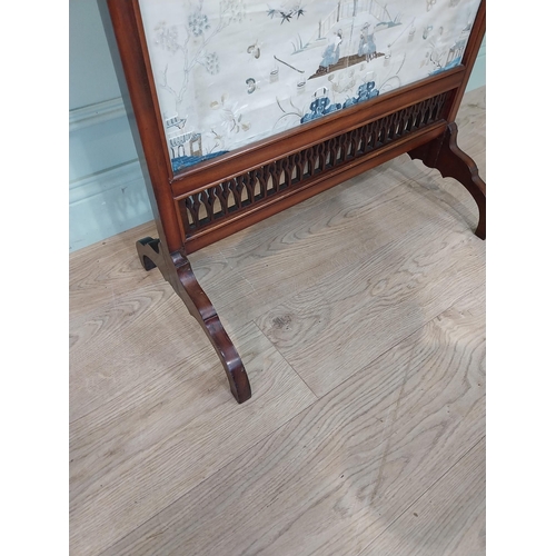 227 - Edwardian mahogany firescreen with inset 18th C. embroidered Oriental silk screen. {115 cm H x 66 cm... 