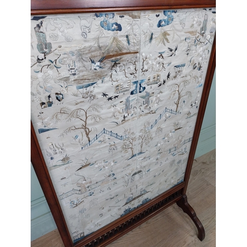 227 - Edwardian mahogany firescreen with inset 18th C. embroidered Oriental silk screen. {115 cm H x 66 cm... 