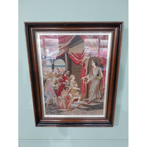 387 - 19th C. embroidered panel depicting Royal Scenes mounted in walnut frame. {79 cm H x 61 cm W}.