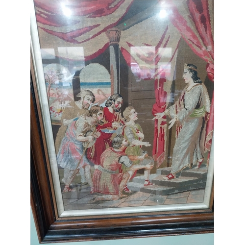 387 - 19th C. embroidered panel depicting Royal Scenes mounted in walnut frame. {79 cm H x 61 cm W}.