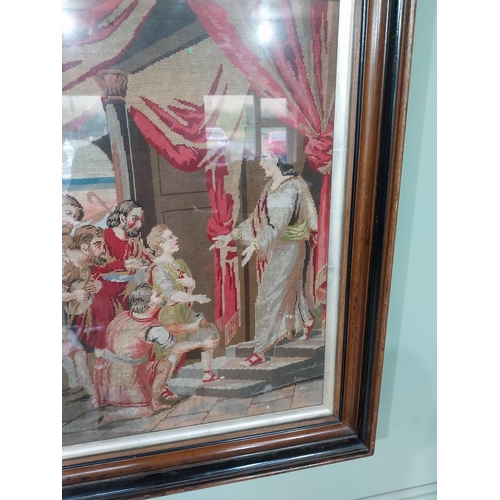 387 - 19th C. embroidered panel depicting Royal Scenes mounted in walnut frame. {79 cm H x 61 cm W}.