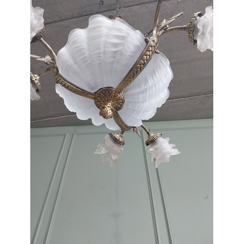 27 - 19th C. French gilded brass six branch chandelier with frosted glass shades. {84 cm H x 65 cm W}.