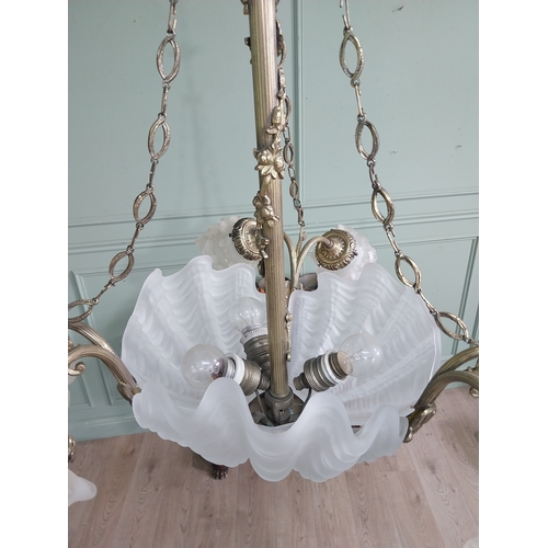 27 - 19th C. French gilded brass six branch chandelier with frosted glass shades. {84 cm H x 65 cm W}.