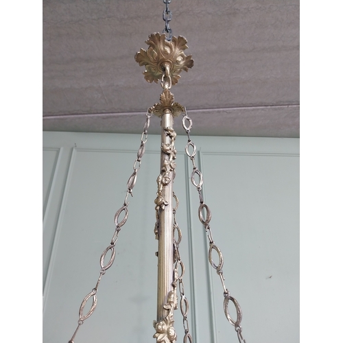 27 - 19th C. French gilded brass six branch chandelier with frosted glass shades. {84 cm H x 65 cm W}.