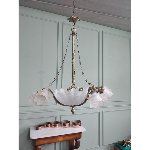 27 - 19th C. French gilded brass six branch chandelier with frosted glass shades. {84 cm H x 65 cm W}.