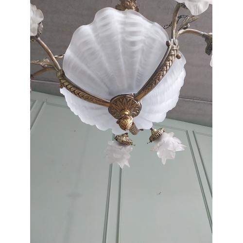27 - 19th C. French gilded brass six branch chandelier with frosted glass shades. {84 cm H x 65 cm W}.