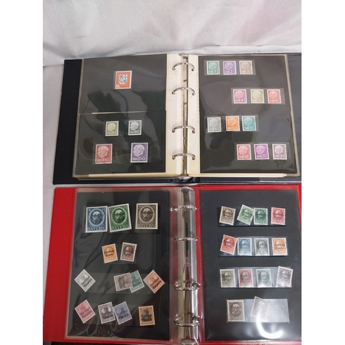 594 - Two albums of Saarland German stamps, 1921 - 1951 & 1952 - 1958, album of overstamped Bayern stamps ... 