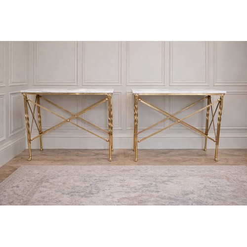 599 - Pair of exceptional quality brass marble topped Console tables in the Empire style decorated with Li... 