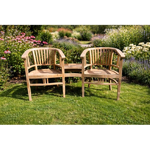 600 - Good quality teak conversation seat. { 86cm H X 153cm W X 66cm D }.