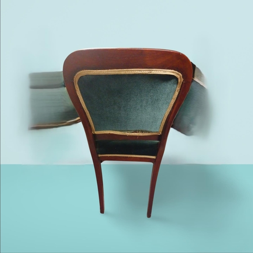 125 - Set of six Victorian mahogany and upholstered dining room chairs on turned legs and brass castors. {... 