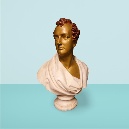 145 - Plaster bust of Lord Byron. {80 cm H x 60 cm W x 30 cm D}. NOT AVAILABLE TO VIEW IN PERSON.