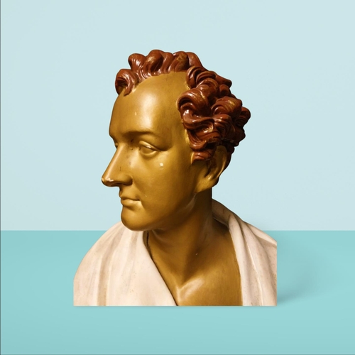 145 - Plaster bust of Lord Byron. {80 cm H x 60 cm W x 30 cm D}. NOT AVAILABLE TO VIEW IN PERSON.
