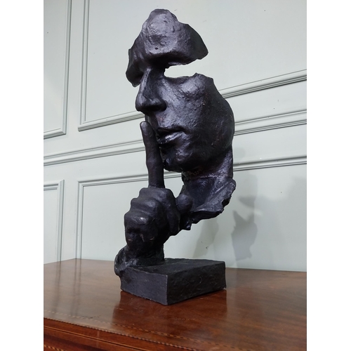 156 - Good quality cast iron contemporary sculpture of Speak No Evil. {60 cm H x 24 cm W x 22 cm D}.
