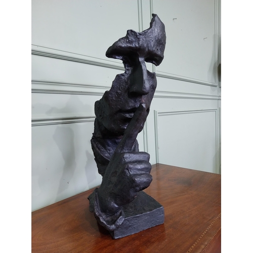 156 - Good quality cast iron contemporary sculpture of Speak No Evil. {60 cm H x 24 cm W x 22 cm D}.