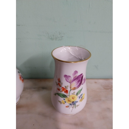 235 - 20th C.  Meissen vase decorated with hand painted flowers and gilded rim. {10.5 cm H x 5.5 cm Dia}an... 