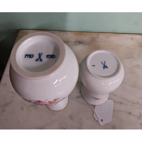 235 - 20th C.  Meissen vase decorated with hand painted flowers and gilded rim. {10.5 cm H x 5.5 cm Dia}an... 