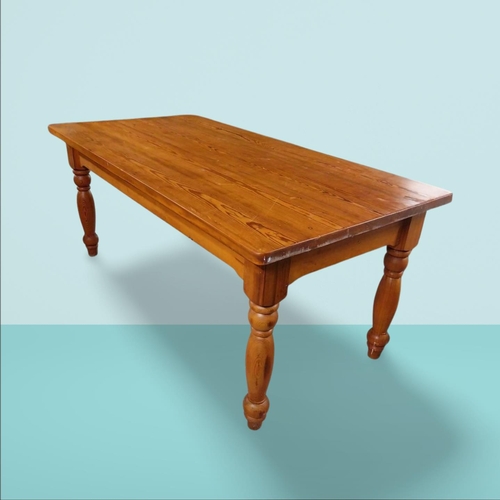 25 - Pine country house kitchen table on four turned legs. {79 cm H x 184 cm W x 93 cm D}. NOT AVAILABLE ... 
