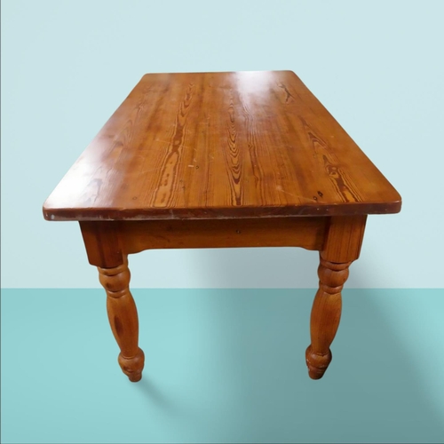 25 - Pine country house kitchen table on four turned legs. {79 cm H x 184 cm W x 93 cm D}. NOT AVAILABLE ... 