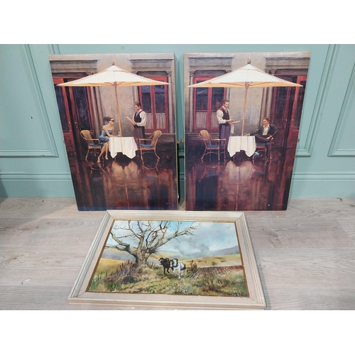 381 - Two prints on canvas - Lady and Gentleman at Cafe. {70 cm H x 50 cm W} and oil on board Ploughing Sc... 