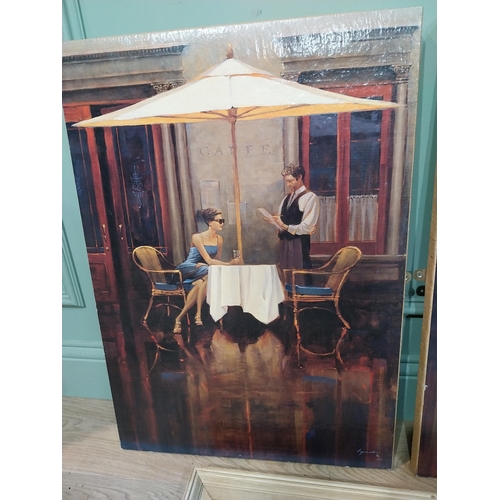 381 - Two prints on canvas - Lady and Gentleman at Cafe. {70 cm H x 50 cm W} and oil on board Ploughing Sc... 