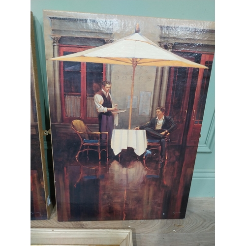 381 - Two prints on canvas - Lady and Gentleman at Cafe. {70 cm H x 50 cm W} and oil on board Ploughing Sc... 